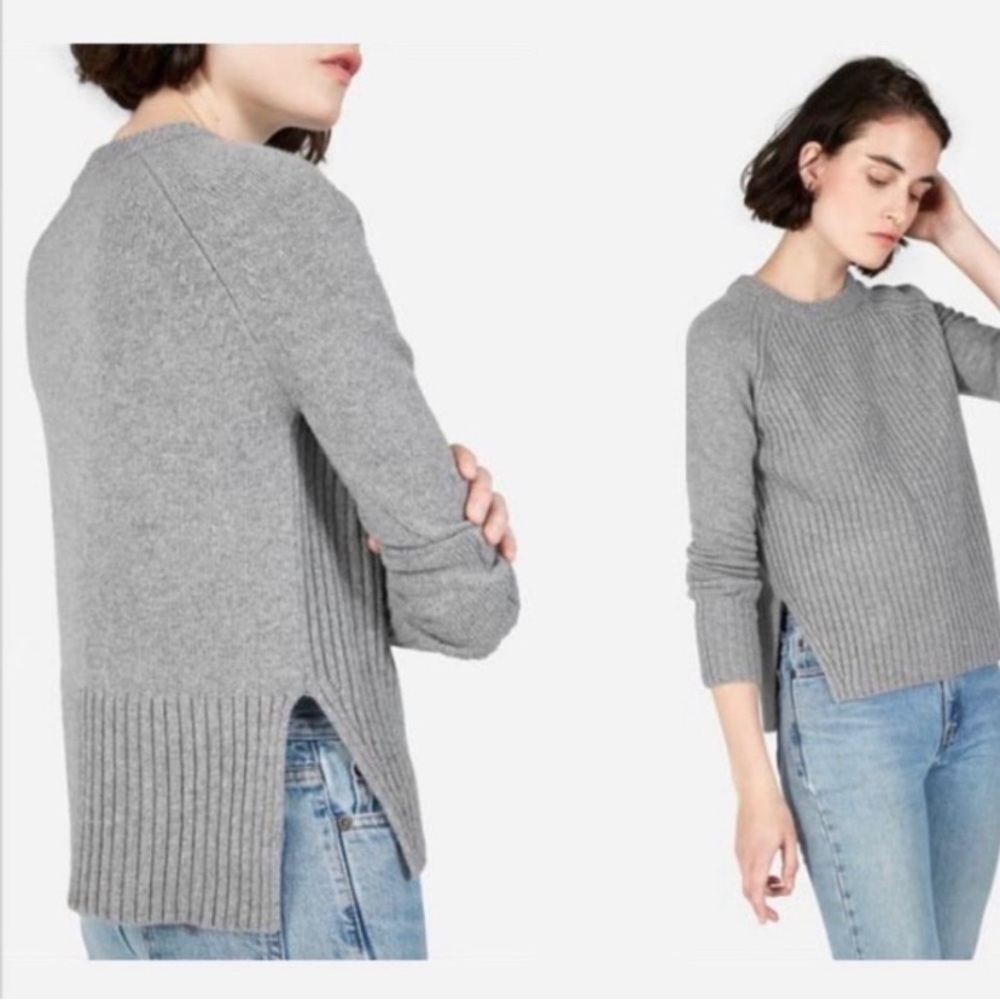 Everlane Ribbed Cashmere Wool Crew Sweater Split Hem Grey XS